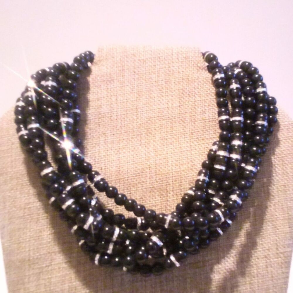 Jay Feinberg Vintage Black Chunky Multi Strand Beaded Statement Necklace